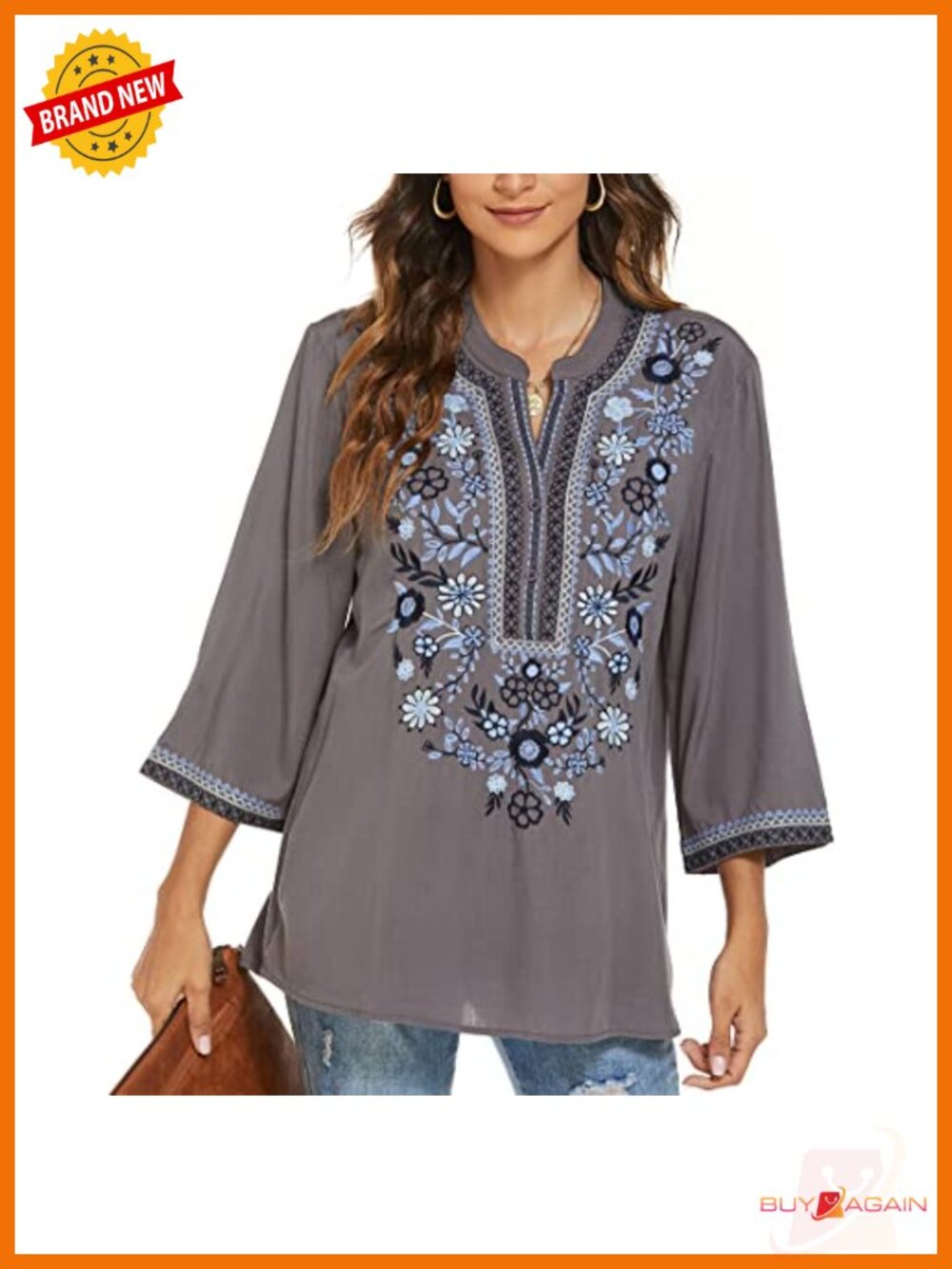 Women Embroidered Tunic Blouse 3/4 Sleeve V Neck